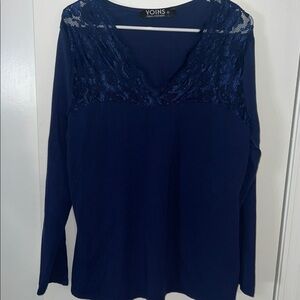 YOINS Deep Blue Lace Long Sleeve Top